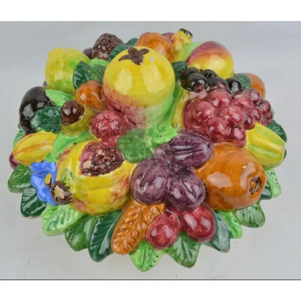 Italian Majolica Ceramic Fruit Basket Canister Jar Lid Centerpiece Antique